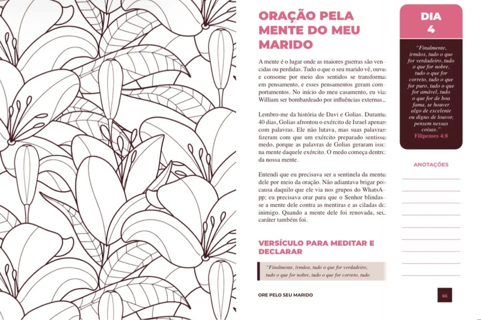 Páginas do Dia 4: à esquerda, um desenho de lírios; à direita, o título Oração pela mente do meu marido, o texto do dia, o versículo, a caixa do Dia 4 e o espaço para anotações