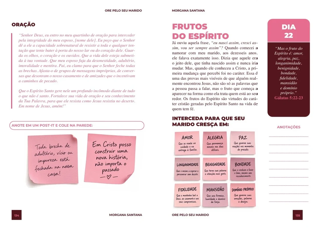 Páginas do Dia 22: à esquerda, a oração e dois post-its para colar na parede; à direita, o título Frutos do Espírito, o texto do dia, nove post-its com os frutos do Espírito, a caixa do Dia 22 e o espaço para anotações